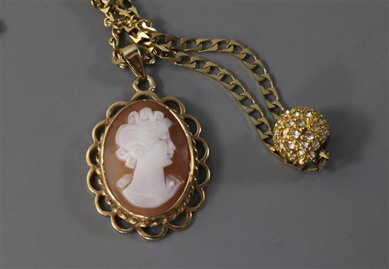 A 9ct gold chain necklace with ball pendant and a 9ct gold cameo pendant on 14K gold chain.